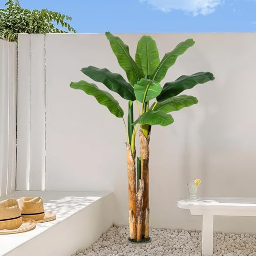 GarveeMore Bananier Artificiel réaliste, Faux Arbre Exotique d’intérieur/extensionérieur – Feuilles en Soie 11 – Pot Gris – Décoration Salon/Bureau/Patio – Hauteur 150 cm (5FT)