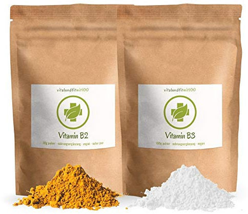 vitalundfitmit100 Vitamin B2 + B3 Pulver Set, Riboflavin, Nicotinamid, vegan