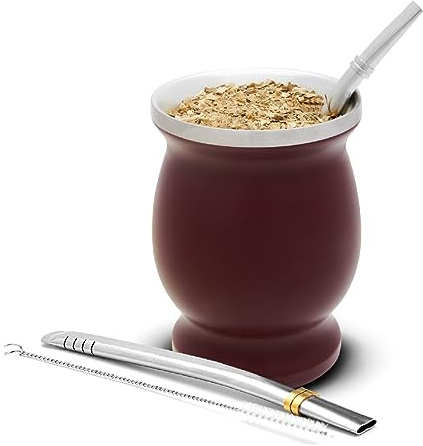 balibetov Yerba Mate Set – 237 ml Doppelwandige Mate-Kalebasse aus Edelstahl mit 2 Bombillas & Reinigungsbürste – Isoliert, Leicht zu Reinigen
