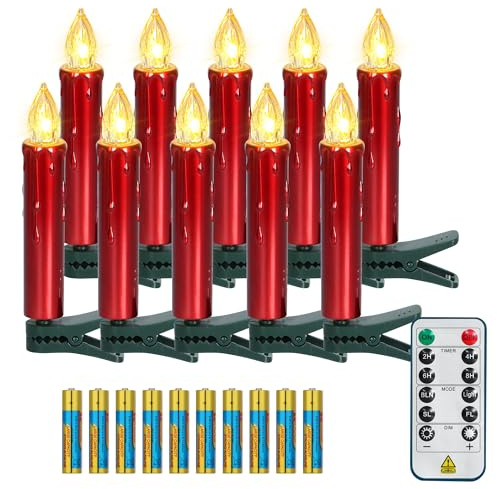 FREEPOWER 10er Rot LED Kerzen Kabellos Weihnachtskerzen mit Fernbedienung Timer Flackern Dimmbar Warmweiß Weihnachtsbaumkerzen Außen Wasserdicht Innen Christbaum Beleuchtung（mit 10 Batterien）