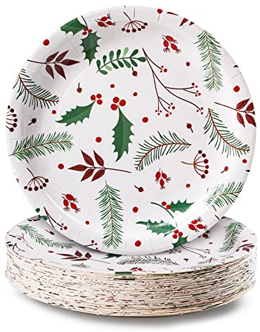 Assiettes en papier pour fête, lot de 50, assiettes jetables pour fête de Noël, motif houx de Noël, assiettes à dîner de 23 cm