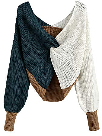 ZAFUL Damen Pullover Elegant V Ausschnitt Farbblock Strick Pulli Sexy Kurze Oberteile Winter