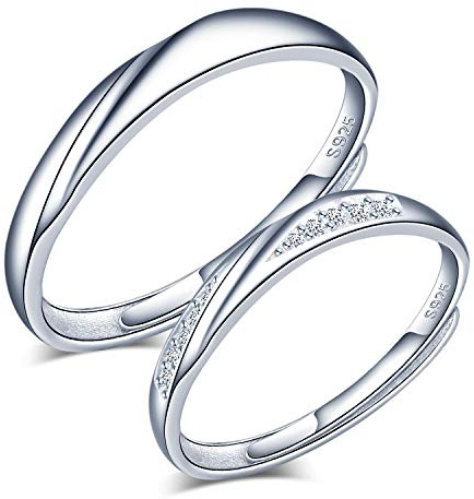CPSLOVE Bague de couple pour homme et femme en argent 925, Anneaux de mariage incrusté zircon avec la vagues simples, la taille réglable, Cadeau de Noël de Saint-Valentin de mariage