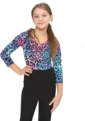 WickedFun CRAZY CHICK® GIRLS KIDS NEW LEOPARD ARMY PRINT LONG SLEEVE STRETCH MICROFIBER DANCE GYMNASTIC LEOTARD BODYSUIT TOP (Multi Leopard, 7-8 Years)