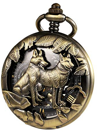 TREEWETO Unisex Taschenuhr mit Kette Analog Mechanisch Handaufzug Wolf wölfe Skelett Hohl Fall Für Mann Damen mit Kette & Geschenk-Box, Bronze