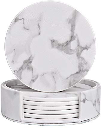 JAWSEU Sottobicchieri Marmo, Sottobicchieri in Marmo per Bevande, Sottobicchiere Rotondo in Pelle di Marmo, Impermeabile, con Supporto, per la Casa, Sottobicchiere in Vetro per Bevande