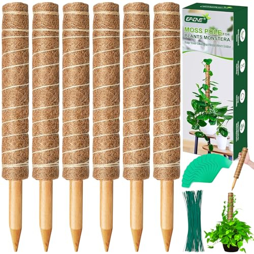 EAONE 96'' Moss Pole for Plants Indoor, 6 Pack 16” Monstera Plant Support Moss Stick for Climbing Plants, Stackable Coir Totem Pole Monstera Stakes with 12 Plant Labels & 100 Ties for Potted Plants