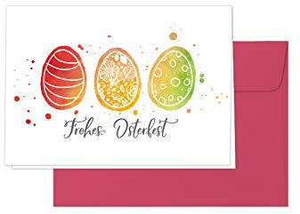 Osterkarten, Grußkartenset „Frohes Osterfest“ – 10 Klappkarten im Aquarell-Stil mit roten Umschlägen, Design: Bunte Ostereier
