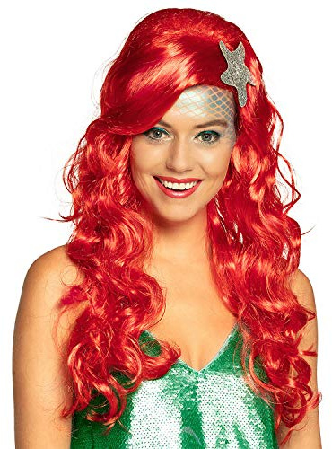 Amakando Wunderschöne Meerjungfrau Perücke mit Maritim-Kopfschmuck/Rot/Cosplay Damenperücke Nixe/Perfekt geeignet zu Kostümfest & Mottoparty