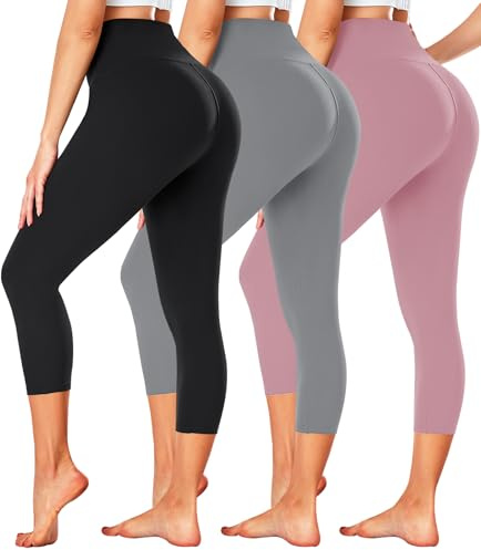 FULLSOFT Paquete de 3 leggings capri para mujer, cintura alta, control de abdomen, pantalones de yoga negros para entrenamiento