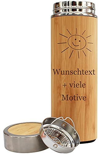 Isolierflasche mit Name, Spruch + Motiv Gravur - Trinkflasche in Holz Optik 400 ml, Thermosflasche für Kaffee oder Tee, personalisiertes Geschenk für Männer und Frauen
