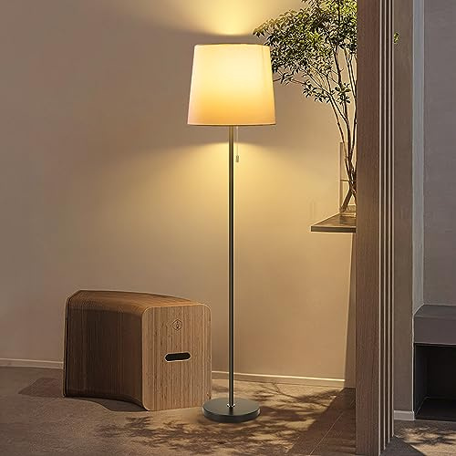 Aigostar Lámpara de pie， casquillo gordo E27， pantalla de tela blanca， pie metálico. Lámpara de pie estilo vintage con interruptor de tirador. Perfecta para salón， dormitorio， estudio etc