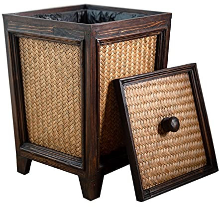 Advap Corbeille en Bois, Poubelle carrée Rattin Poubelle, Corbeille de Recyclage de Papier de Style rétro avec Couvercle, Salon Panier de Papier usé