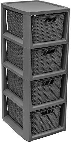 BranQ - Home essential 100% recycelt Kunststoff PP, Ökologisch, Regal in Rattan Design, Anthrazit, 4 Körben