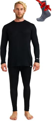 Merino.tech 100% Merino Unterwäsche Herren Set Shirt & Hose + Wandersocken (X-Large, 165 LITE Black)