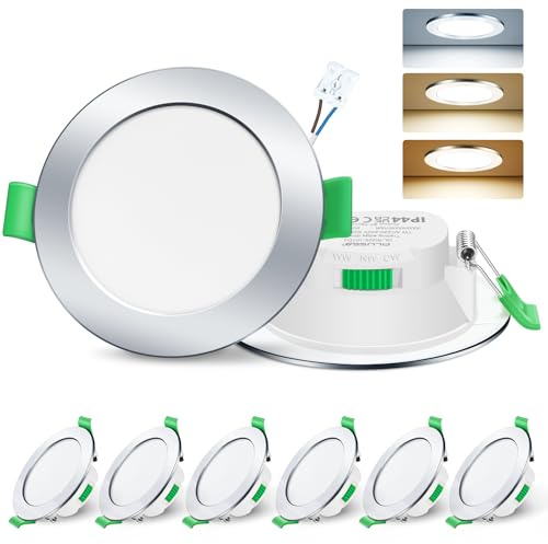 ALUSSO LIGHTING LED Einbaustrahler 230V Deckenspots flach Dimmbar 7W Ultra Slim Spots IP44 Deckenstrahler Einbauleuchten für Badezimmer Küche, 3000K/4000K/6500K Einbauspots, Rund Chrom 6er Set