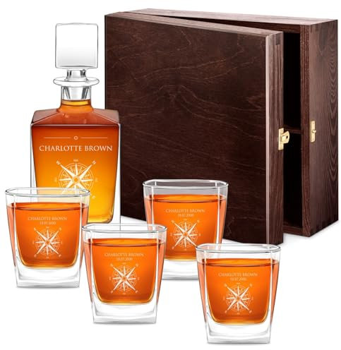 Maverton Engraved Decanter Set for Women - Customised Liquor Dispenser for her - Whisky Carafe for Birthday - Elegant Whiskey with 4/6 Glasses for Wife - Engraved Glassware for Christmas - Traveler