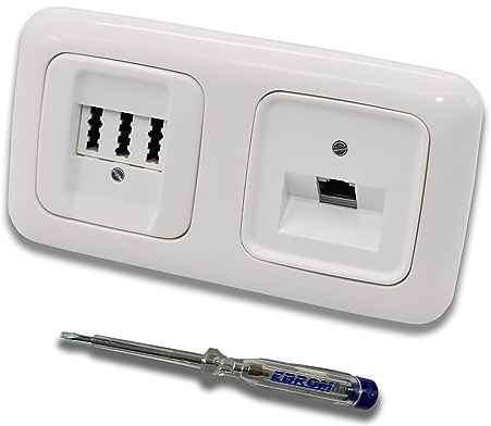 Busch Jäger, Rutenbeck Unterputz Netzwerkdose 10 Gigabit/S (10GbE) KAT6A 6A 1xRJ45 Anschluss + EBROM Telefon TAE 3x6 NFN Dose im BJ ReflexSi alpinweiß Design + EBROM Phasenprüfer z. Montage d. Geräte