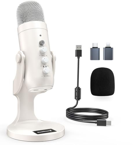 zealsound Micrófono de Condensador, Asmr micrófono, micrófonos Plug & Play para PS 4&5, Control de Ganancia de micrófono, botón de Silencio para TikTok, Podcast de Youtube en Mac y Windows, Perla