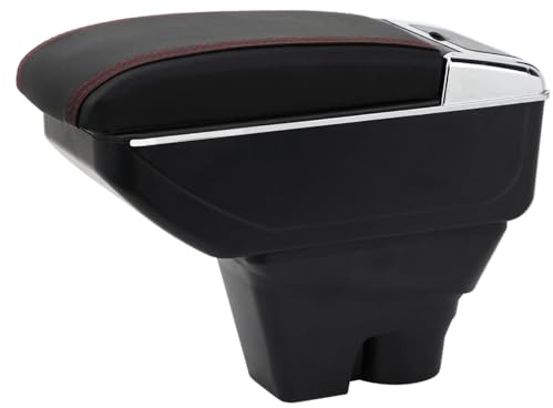 YJYWZH Armlehne für Citroën C3 2017-2023 Mittelarmlehne mit Getränkehalter | mit Getränkehalter,Doppelstauraum,Verschiebbare Armauflage Mittelkonsole,PU-Leder,Aufbewahrungsbox,Schwarz mit Roter Naht
