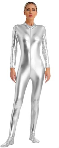 iEFiEL Damen Metallic Body Langarm Ganzkörperanzug Overall Silber Bodysuit Einteiler Jumpsuit Karneval Faschingsksotüm Silber L