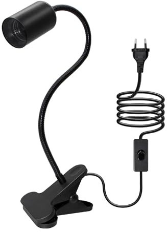 Portalampada E27 con Pinza da Letto, 2.4M Cavo, 360°Flessibile 35CM Collo di Cigno, Lampada con Morsetto, Faretto Lampada con Pinza, Porta Lampade da Tavolo, Lampada Scrivania per Leggi Trucco Nero
