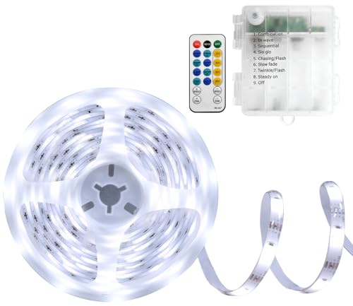 DBFAIRY Tira de luces LED, 5 m, 150 LED, con batería, resistente al agua, con mando a distancia, temporizador para dormitorio, decoración del hogar (blanco)