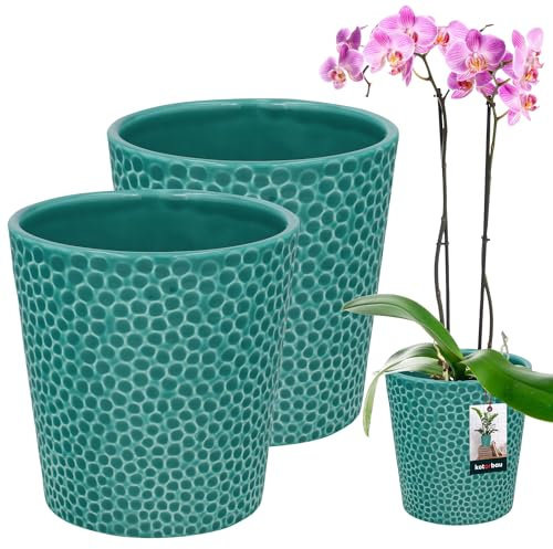 KOTARBAU® 2er Set Blumentopf Türkisfarben Keramik Glasiert ⌀ 12 cm Höhe: 15 cm Orchideentopf Modern Für Zimmerpflanzen