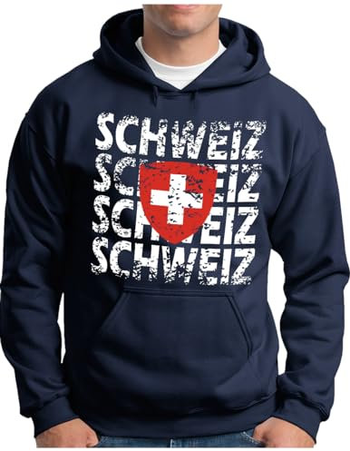 OM3® Schweiz huvtröja | Män | Schweiz teamshirt Helvetia Swiss Suisse flagga fotboll EM fanshirt I | luvtröja S – 5XL, marinblå, L