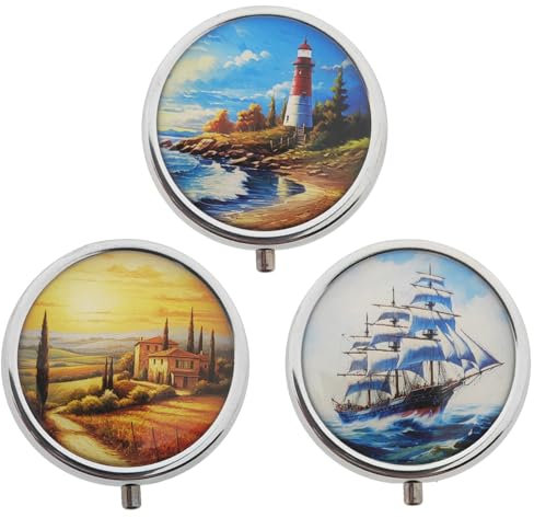 3er Set Pillendose Nostalgie Landschaft, Leuchtturm, Schiff