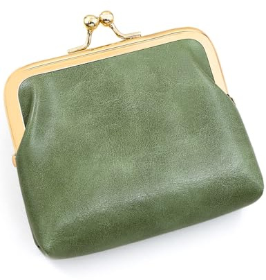 SENCCO Women’s Small Coin Purse, Vintage PU Leather Change Purse, Rectangle Kiss Lock Coin Pouch, Pocket-Sized, Solid Color, Mini Coin Purse for Women - Green