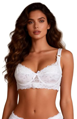 ohyeahlady Push Up Lace Bra Plus Size Bras for Women Wide Straps Comfort Padded Underwire Bras Adjustable Balcony Bra White 40DD