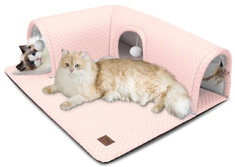 CATISM Cat Bed with Tunnel - Cat Tunnels for Indoor Cats 3-Way Ports 3 Toys, Detachable Rug, Soft Tunnel, Large Cave, Non-Slip Bottom Carpet, Tube Bed for Kitten Ferrets Small Animals (Pink)