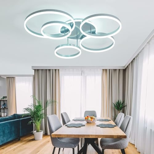 EMBRING LED Dimmbare 106W Moderne Wohnzimmerlampe Deckenleuchte 6 Ring LED Deckenleuchte mit Fernbedienung,Led Wohnzimmer für Esszimmer Schlafzimmer(Silber)