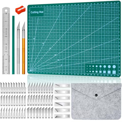 Annickee A4 Schneidematte Set, Selbstheilende Bastelunterlage Schnittfest, Bastelunterlage mit 6 types de Ersatzköpfe, Cutting Mat Grün, Schneidunterlage, Schneideunterlage für Nähen, Stoffpräzision