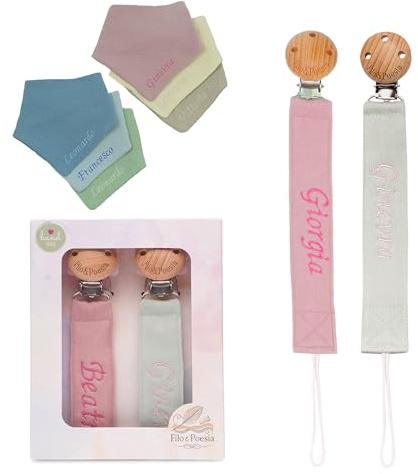 Filo e Poesia Catenella Portaciuccio Con Nome, Personalizzato con nome ricamato, tanti modelli e colori Portaciuccio da poter scegliere, ottima idea regalo per Baby Shower (Rosa-Verde + Bavaglino)