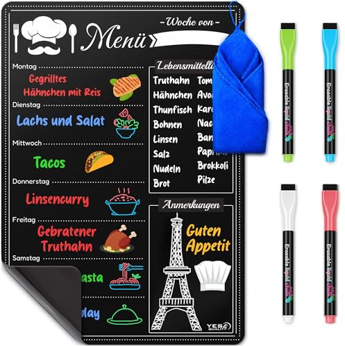 A3 Magnetische, trocken abwischbare Menütafel für Kühlschrank - 40 x 30 cm - Magnetische schwarze Planungstafel für Küche, wöchentlicher Mahlzeitenplaner + 4 Markern + 1 Reinigungstuch - Yes4Quality