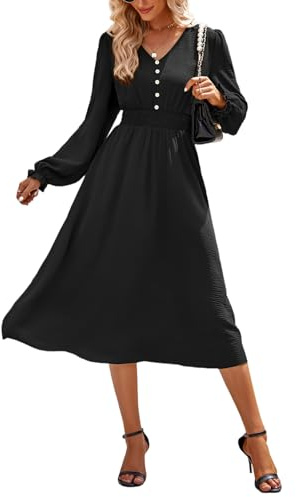 MAYFASEY Women's Long Sleeve Maxi Dress A Line High Waist Loose Pleated Dress Casual Spring Autumn Long Dresses with Button, Black, L