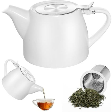 Teiera in ceramica, teiera in porcellana da 500 ml, con colino, in ceramica, adatta alla lavastoviglie, con manico arrotondato, per bustine di tè sfuse, colore bianco