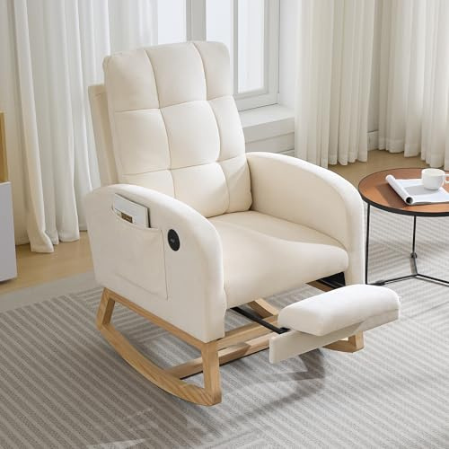 GarveeHome Nursery Rocking Chair, Linen Upholstered Glider Rocker with Side Pocket & USB Port and Footrest, High Back Nursing Chair with Wood Legs, Modern Accent Armchair for Living Room, Bedroom