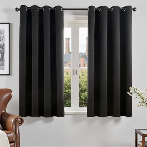 Vangao Vorhang Blickdicht mit Ösen Kurz 2er Set H160xB140cm, Schwarz | Blackout Curtain Black, Verdunklungsvorhänge Lichtundurchlässig 160 cm lang, Gardinen Wohnzimmer Schlafzimmer Kinderzimmer