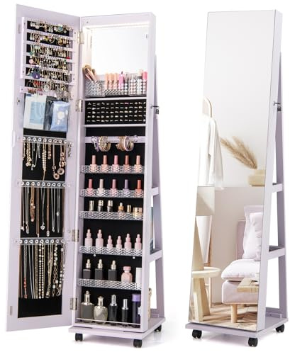 COSTWAY 3 en 1 Armoire à Bijoux sur Roulettes, Organisateur de Bijoux sur Pieds avec Miroir Psyché sans Cadre, Lumières LED et Miroir de Maquillage Intégré, Verrouillable, Étagères Réglables (Violet)