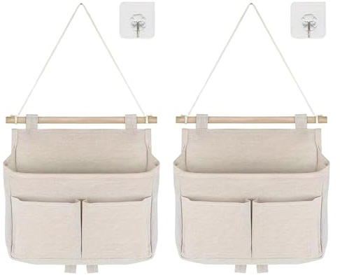 Noaxylic 2 Pezzi Portaoggetti da Appendere, Salvaspazio Tasche da Appendere, Borsa Portaoggetti da Parete con 3 Tasche, Organizer Sospesa in Cotone e Lino, per Camera, Bagno, Cucina, Dormitorio