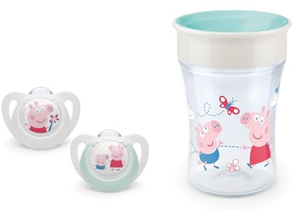 NUK Baby-Set: Magic Cup 230ml, 360°-Trinkrand, abdichtende Silikonscheibe, ab 8 Monaten, BPA frei, türkis + Silikon-Schnuller (0–6 Monate) – BPA-frei, Anti-Colic, Temperature Control