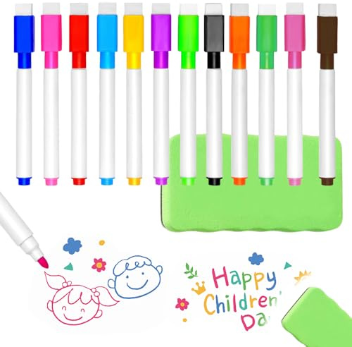 12 Feutres Effaçables à Sec pour Tableau Blanc avec 1 Gomme, Marqueurs Magnétiques pour École, Maison et Bureau