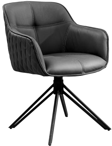 Stuhl EUPHORIA - 61x57cm - schwarz - Echtleder Metall-Gestell drehbar | Auto-Return-Funktion, Armlehne, hoher Komfort, bequeme Polsterung, stabil, Design, Retro, Eyecatcher