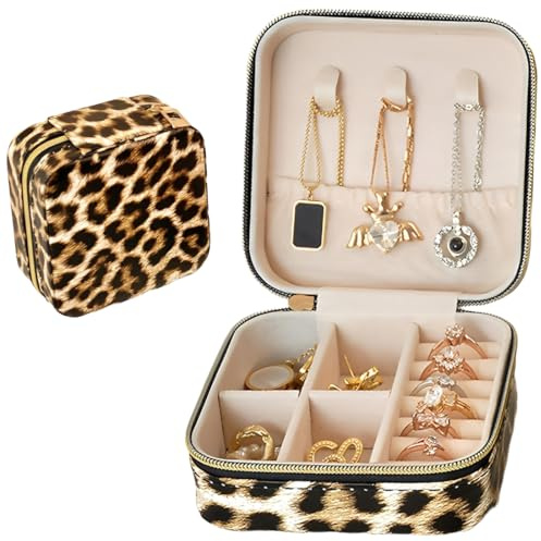 EJRUP Schmuckkästchen Klein, Schmuckaufbewahrung Leopard, Schmuckschatulle für Mädchen, Schmuckbox Damen, Reise Schmuck Etui, für Ohrringe, Halsketten, Ringe