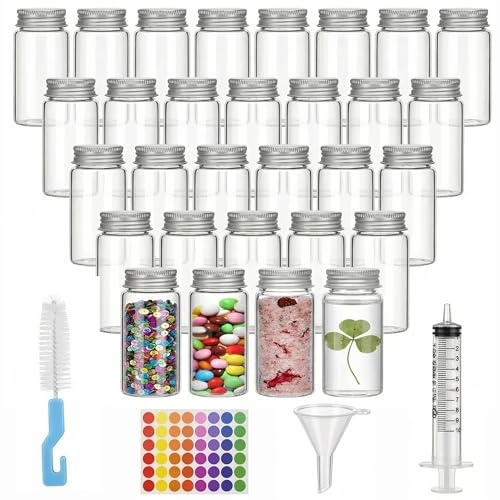 Ferenando 30 Piezas Frascos de Vidrio de Boca Ancha 30ml con Tapa Rosca de Aluminio, Mini Tubo de Ensayo Cristal, Frasco Transparentes con 4 Accesorios para Muestras Líquidas, DIY, Polvo, Semillas