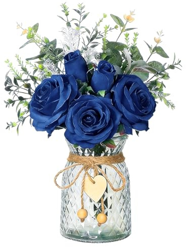 Faux Flowers with Vase Artificial Dark Blue Rose Flowers in Vase Fake Eucalyptus Plant Floral Arrangement for Table Centerpieces, Baby Shower, Home Kitchen Office Coffee Shop Decorations(Dark Blue)