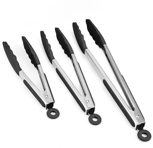 Doosu Kitchen Cooking Silicone Tongs，315℃ Heat Resistant Locking Tong with Non-Scratch Tipped, 18/8 Stainless Steel Heavy Duty Utensils for BBQ, Air Fryer, Serving Salad (18+23+30cm, Black)